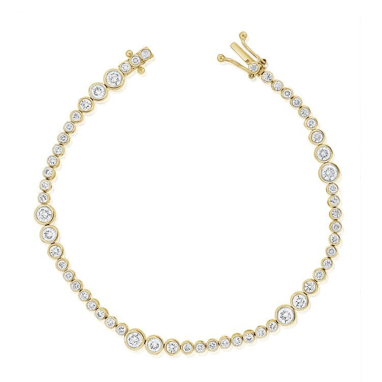 14k Yellow Gold Natural Diamond Bracelet with 57 Diamonds Graduating in Size.