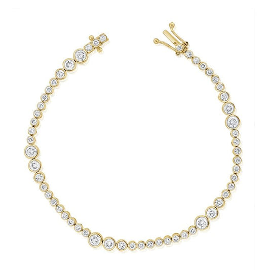 14k Yellow Gold Natural Diamond Bracelet with 57 Diamonds Graduating in Size.