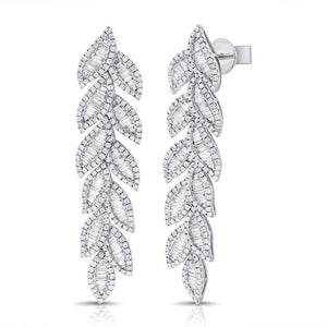 14k Gold Leaf Earring with 2.98Ct Baguette, 3.35Ct Round Diamonds, available in White, Rose and Yellow Gold