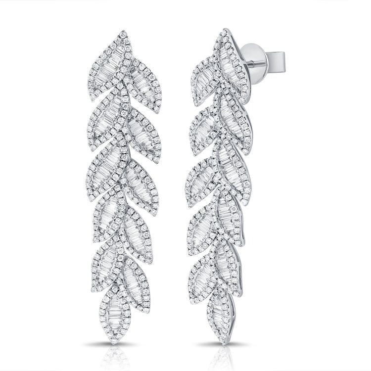 14k Gold Leaf Earring with 2.98Ct Baguette, 3.35Ct Round Diamonds, available in White, Rose and Yellow Gold