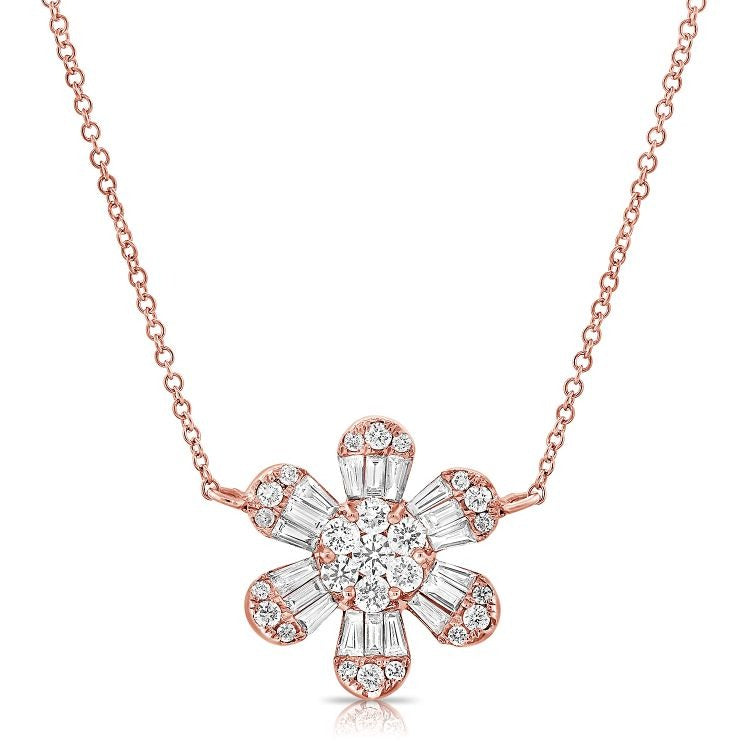 14K White Gold 0.92Ct Diamond Flower Necklace with 18 Baguette and 25 Round Diamonds