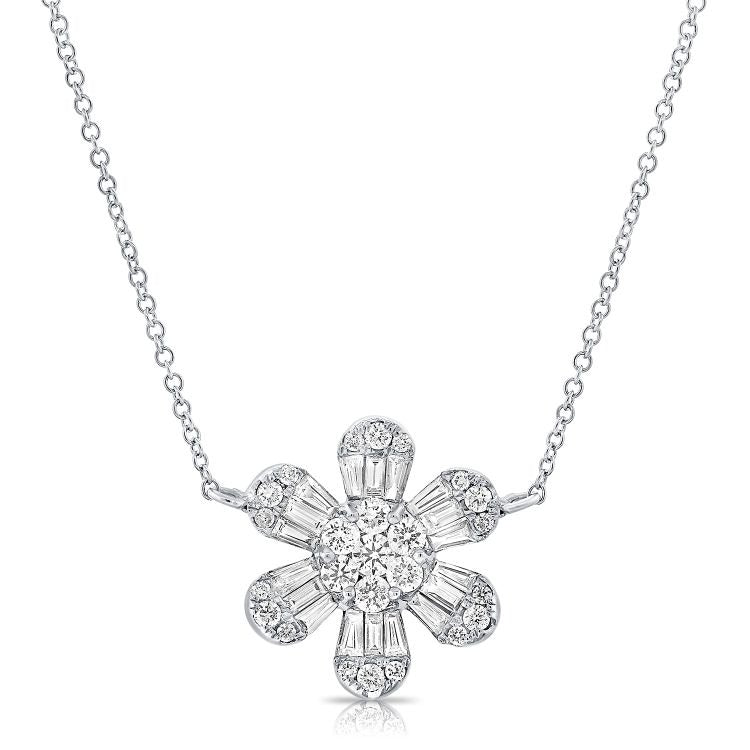14K White Gold 0.92Ct Diamond Flower Necklace with 18 Baguette and 25 Round Diamonds