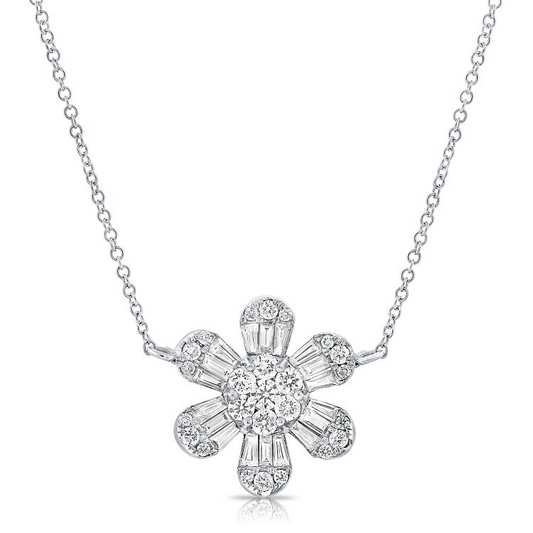 14k White Gold 0.91Ct Baguette and Round Diamond Flower Necklace