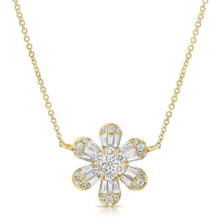 14K White Gold 0.92Ct Diamond Flower Necklace with 18 Baguette and 25 Round Diamonds