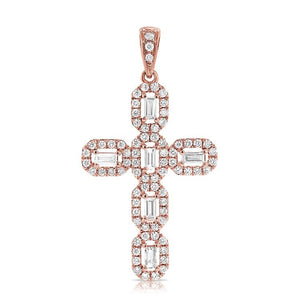 14K Gold Cross Only, 6 Baguette 0.22Ct Diamond, 75 Round 0.34Ct Diamond, Available in White Rose and Yellow Gold