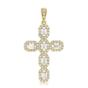 14K Gold Cross Only, 6 Baguette 0.22Ct Diamond, 75 Round 0.34Ct Diamond, Available in White Rose and Yellow Gold