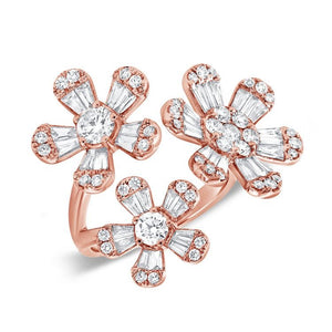 14k 3 Flower Ring, 38 Baguette 1.38Ct Diamond, 47 Round 1.18Ct Diamond, available in White, Rose and Yellow Gold