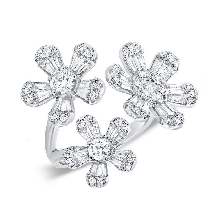 14k 3 Flower Ring, 38 Baguette 1.38Ct Diamond, 47 Round 1.18Ct Diamond, available in White, Rose and Yellow Gold