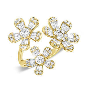 14k 3 Flower Ring, 38 Baguette 1.38Ct Diamond, 47 Round 1.18Ct Diamond, available in White, Rose and Yellow Gold