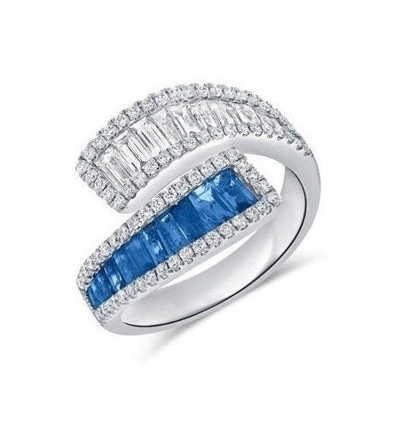 14k White Gold 0.98Ct Sapphire, 0.54Ct Baguette Diamond, 0.37Ct Round Diamond Ring
