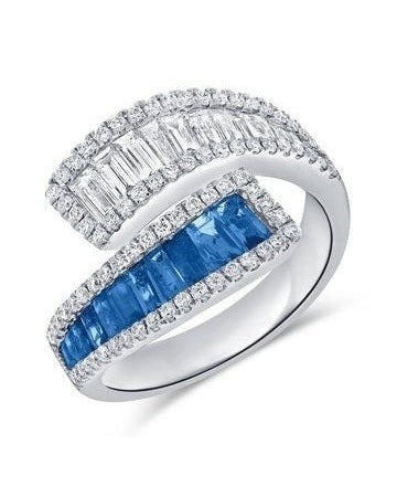 14k Gold 0.98Ct Sapphire, 0.54Ct Baguette Diamond, 0.37Ct Round Diamond Ring, available in White, Rose and Yellow Gold