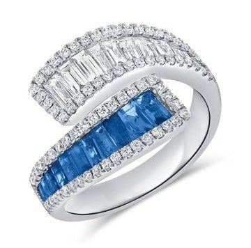 14k Gold 0.98Ct Sapphire, 0.54Ct Baguette Diamond, 0.37Ct Round Diamond Ring, available in White, Rose and Yellow Gold