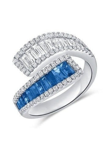 14k Gold 0.98Ct Sapphire, 0.54Ct Baguette Diamond, 0.37Ct Round Diamond Ring, available in White, Rose and Yellow Gold