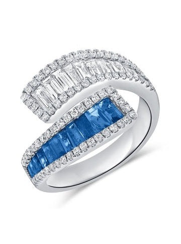 14k Gold 0.98Ct Sapphire, 0.54Ct Baguette Diamond, 0.37Ct Round Diamond Ring, available in White, Rose and Yellow Gold