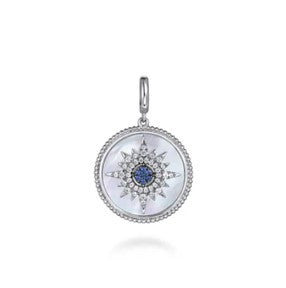Sterling Silver Starburst Blue Sapphire and White Sapphire Bujukan Medallion Charm in size 24mm
