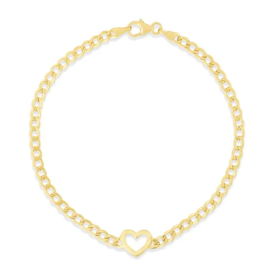 14K Yellow Gold 7" Polished Heart Curb Chain Bracelet with Lobster Clasp.