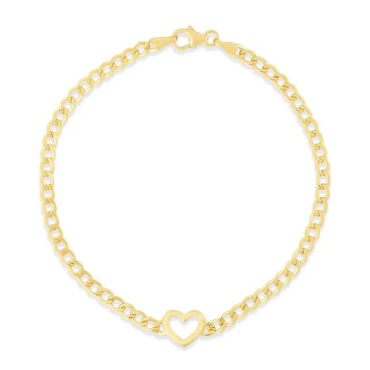 14K Yellow Gold 7" Polished Heart Curb Chain Bracelet with Lobster Clasp.