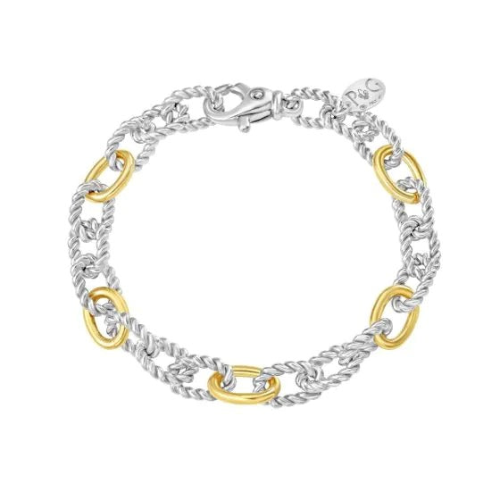 Silver & 18K Gold San Zeno Oval Alternating Italian Cable 7.5 Inch Long with Lobster Clasp