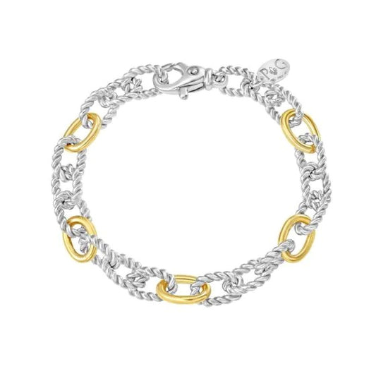 Silver & 18K Gold San Zeno Oval Alternating Italian Cable 7.5 Inch Long with Lobster Clasp