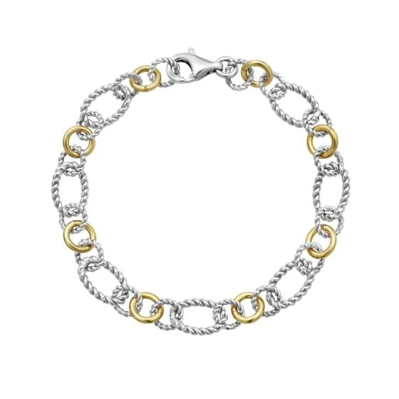 Sterling Silver & 18K Yellow Gold 7.5" Italian Cable Open Link Bracelet with Lobster Clasp.