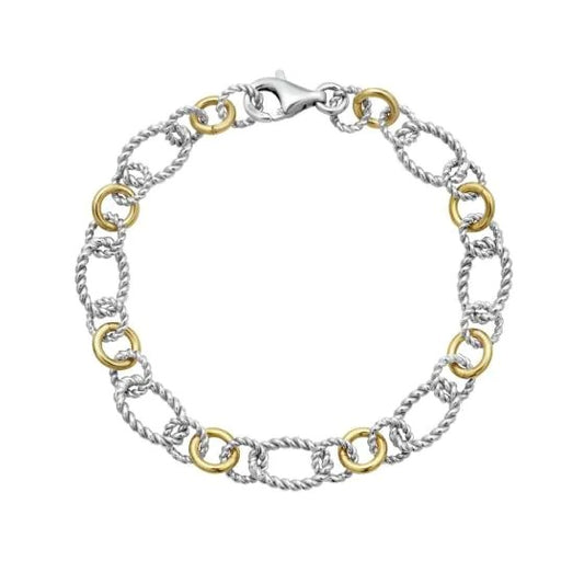 Sterling Silver & 18K Yellow Gold 7.5" Italian Cable Open Link Bracelet with Lobster Clasp.