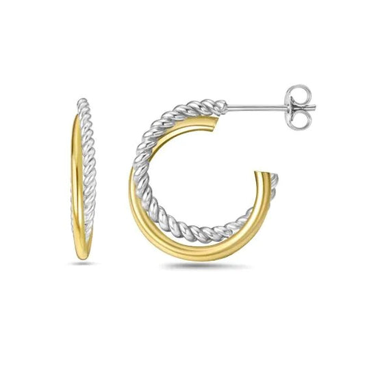 Silver & 18K Gold Round Crossover Hoop Italian Cable Earrings