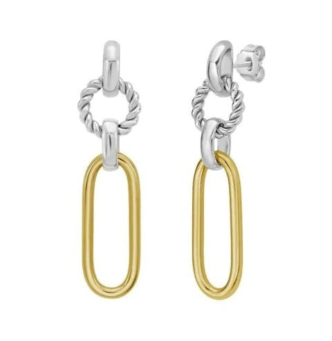 Sterling Silver & 18K Yellow Gold Italian Cable Gold Links Drop Earrings with Push Back Clasp