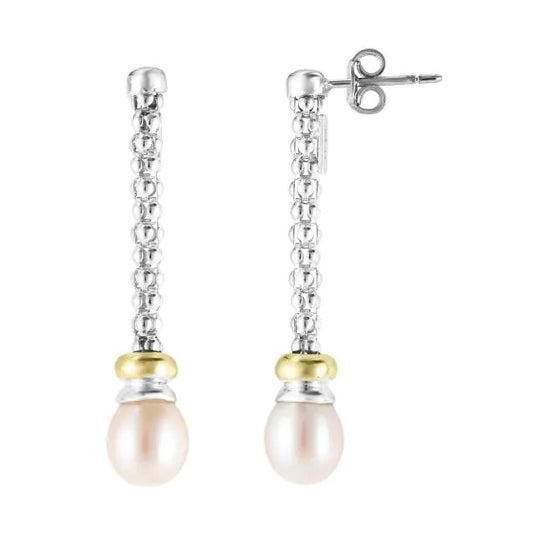 18kt+Silver Polished Single Strand Popcorn Drop Earring with Push Back Clasp with 5x4mm Oval White Pearl