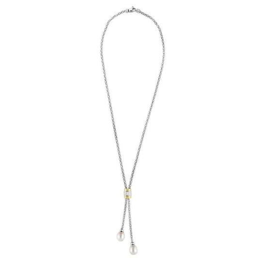18kt+Silver 17" Yellow+Rhodium 7mm Polished Double Strand Popcorn necklace with 0.13ct 1mm White Diamond