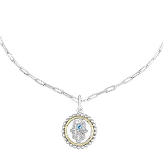 18K Gold & Silver Round Hamsa Pendant on Sterling Silver 20 Inch Paperclip Chain