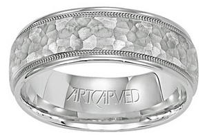 14k White Gold 6mm wide Hammered finish with Milgrain and Polished border, size 10