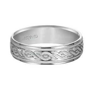 14k White Gold engraved wedding band with milgrain detail and flat edges, size 10