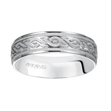 Load image into Gallery viewer, 14k White Gold engraved wedding band with milgrain detail and flat edges, size 10

