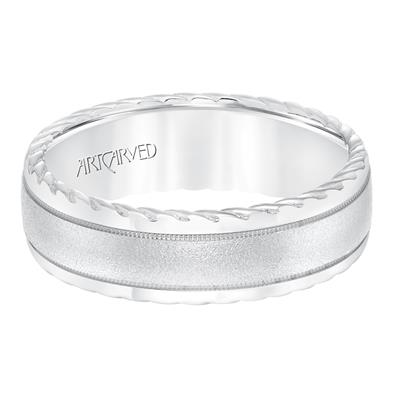 14k White Gold 7mm wide Rope Treatment edge Band, size 10