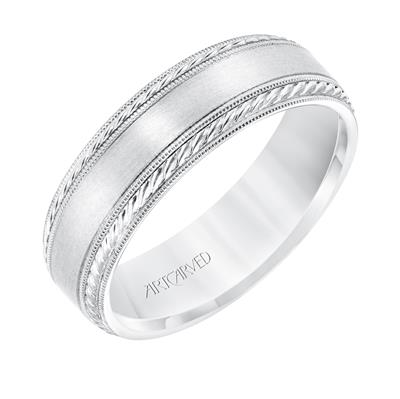 14K White Gold 6.5MM Satin Finish, Rope and Milgrain Accent, size 10.0