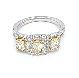 18K Two Tone Diamond Cluster Ring, 0.74 Ct Fancy Yellow, 0.50 Ct White Diamonds