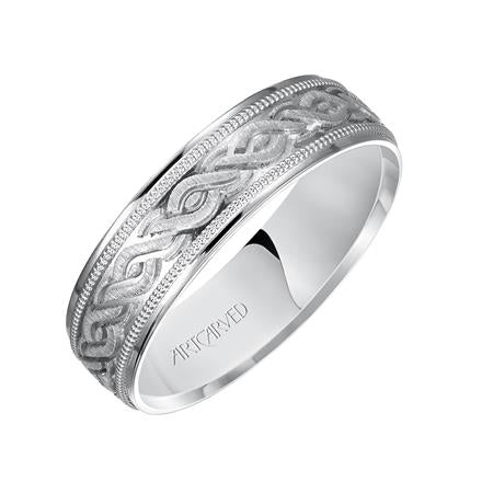 14k White Gold engraved wedding band with milgrain detail and flat edges, size 10