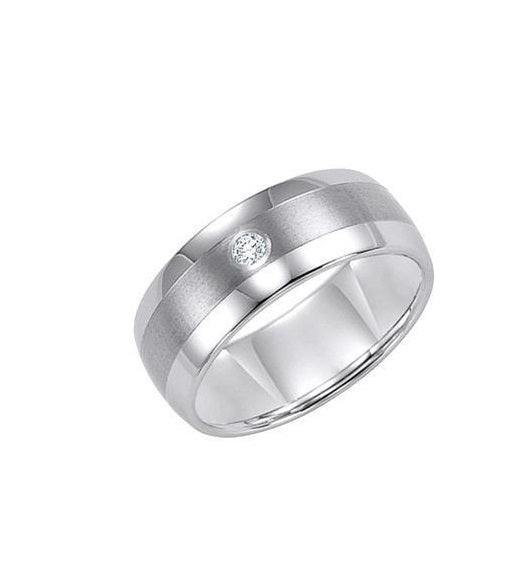 Tungsten Carbide 9mm domed Diamond comfort fit band with satin finish center and bright polish edges