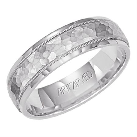 14k White Gold 6mm wide Hammered finish with Milgrain and Polished border, size 10