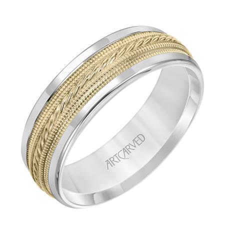 14k Two Tone Wedding band with detailed engraved inlay, size 10