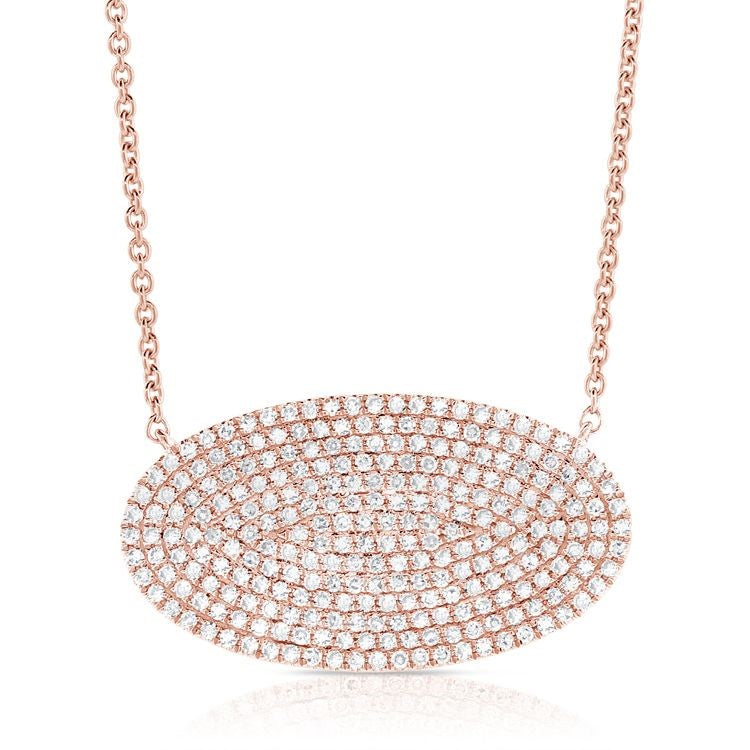 14k Pave Oval Disc Necklace, 0.76 Ct Diamond available in White, Rose and Yellow gold