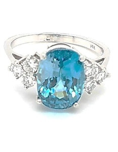 14k White Gold 5.20 Ct Blue Zircon, 0.33 Ct Diamond Ring