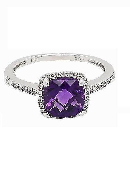 14k White Gold Amethyst and 0.13 Ct Diamond Ring