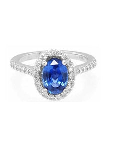 14k White Gold 1.34 Ct Sapphire, 0.44 Ct Diamond Halo Ring