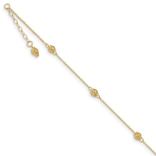 14k Yellow Gold 4.0mm Filigree Bead Anklet 10