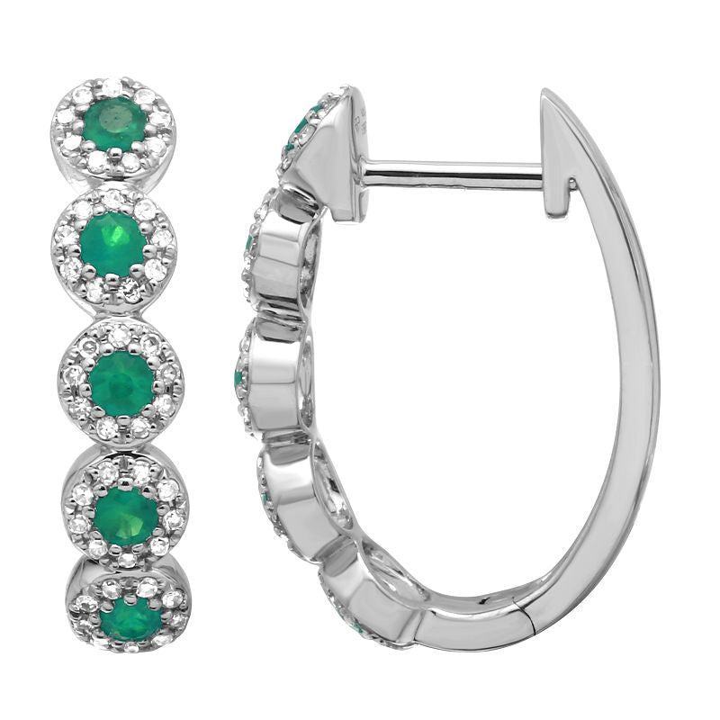 14k White Gold 0.32 Ct Emerald, 0.24 Ct Diamond Hoop Earring