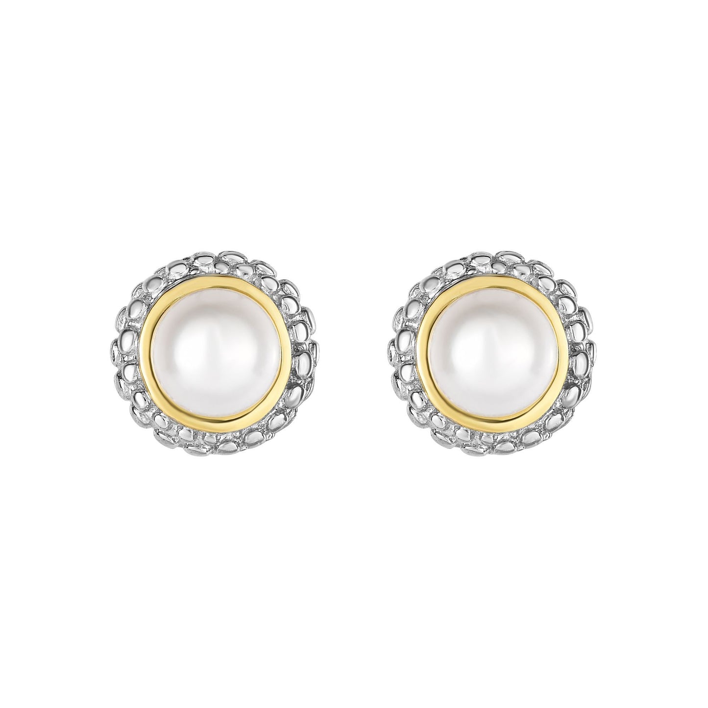 Sterling Silver & 18K Yellow Gold Polished Round Post Fancy Earring with Push Back Clasp 4.5-5mm Ball Pearl