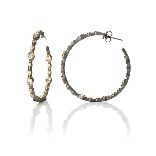 Freida Rothman Sterling Silver black Rhodium and gold plated Teardrop Cubic Zirconia Hoop Earring