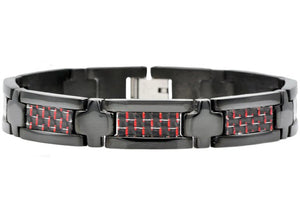 Men's Black Plated Stainless Steel Bracelet With Black And Red Carbon Fiber