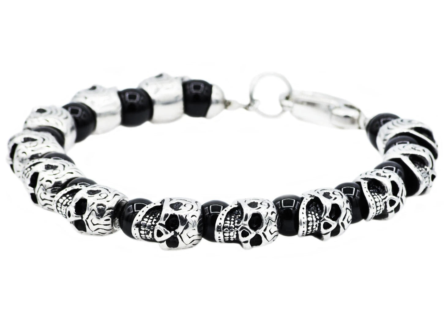 Men s Genuine Onyx Stainless Steel Skull Beaded Bracelet Michael